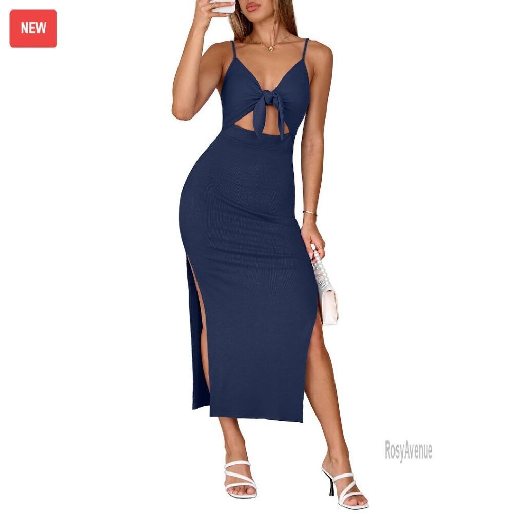 Spaghetti Strap Maxi Dress with Built-in Bra, Tie Front, Side Slit